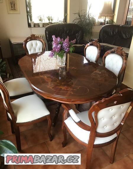 Jídelní italská sestava, stůl 1,8m +6 židlí bílá kůže–JS6.49