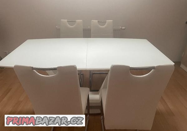 Jídelní stůl rozkládací bílý, skleněná deska + židle