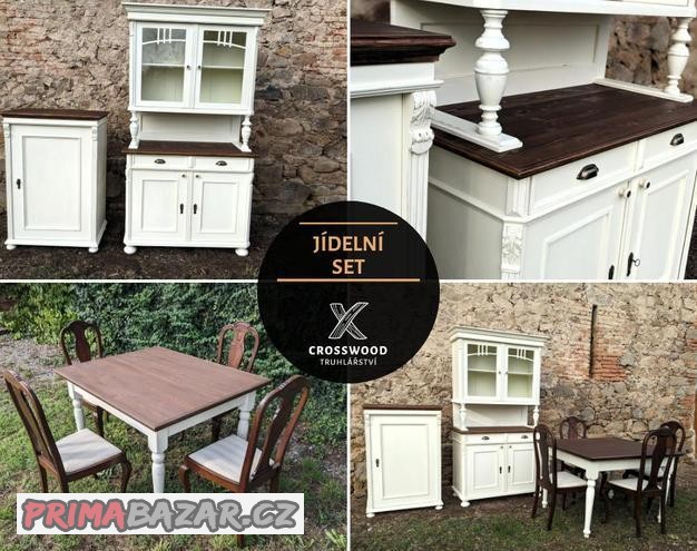 Kredenc, potravinová skříňka, stůl a dubové židle