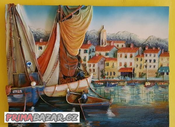 Barevný plastický obraz Tučepi - pohled na přístav