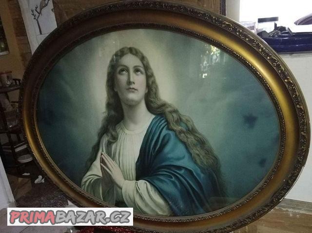 Náboženský obraz - zasklený v sádrovém rámu cca 115x85 cm -