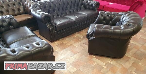 Chesterfield štýl,tmavá kožená sedačka 3+2+1