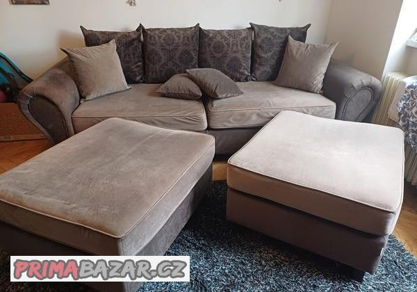 Prodám zánovní sedačku + 2 taburety na sezení