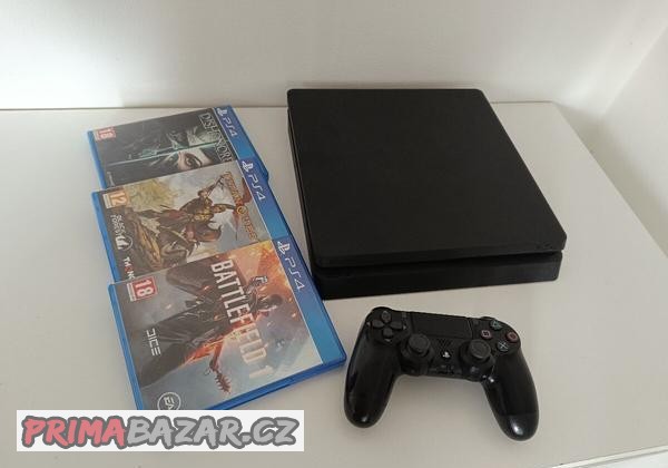 PS4 Slim 500GB, originál ovladač + 3 hry / PlayStation 4