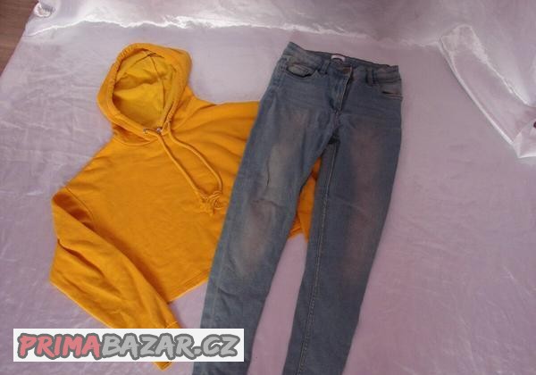 zluta-mikina-crop-top-vel-xs-a-dzinky-elasticke-vel-146